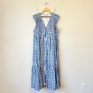 ANTHROPOLOGIE The Peregrine Midi Dress Blue Gingham Smocked Retro